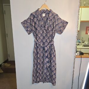 Mirth Peacock Short Sleeve Belted Light Weight Cotton Button Front Midi Dress